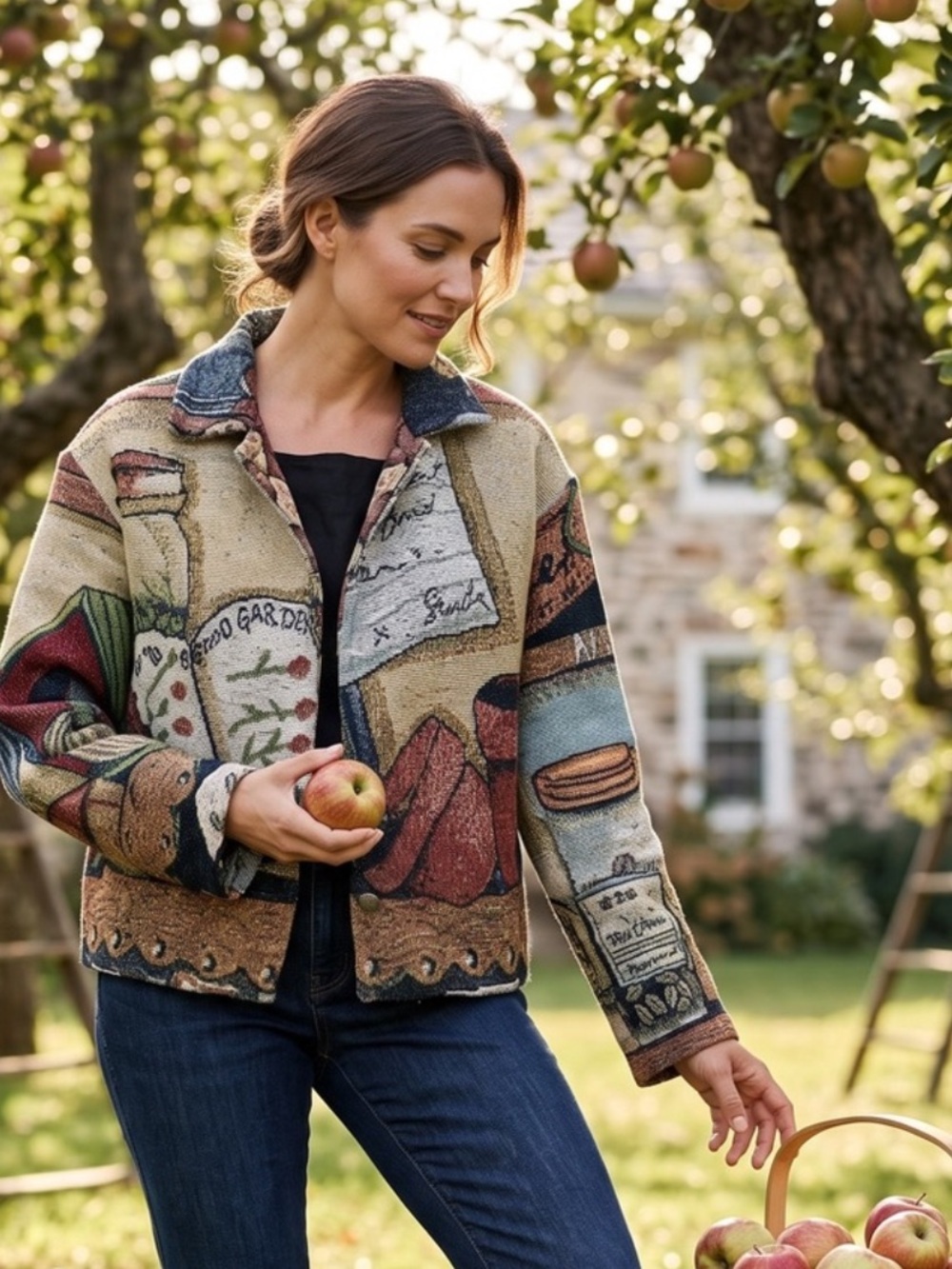 Jacket by Paco Soler Vintage Tapestry Art Garden Theme Fall Apple Medium Large